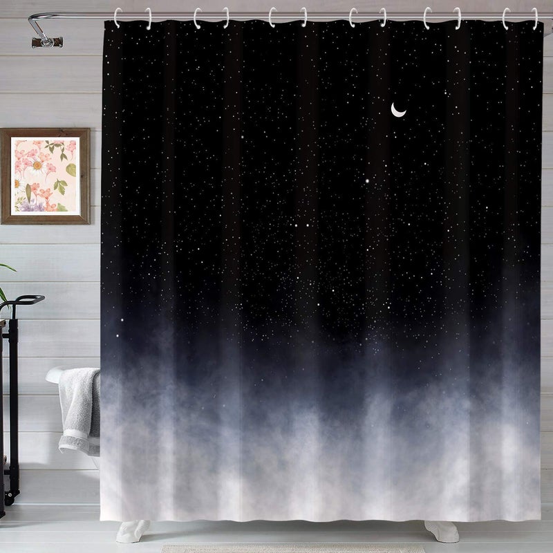 Neasow Black Shower Curtain,Stars and New Moon Bathroom Curtain Night Starry Sky Shower Curtains - Image 1